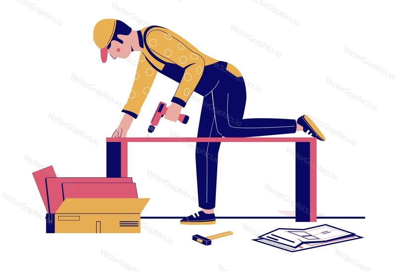 Handyman or furniture collector assembling and installing closet or cupboard using hand drill tool, flat vector illustration. Furniture assembly.