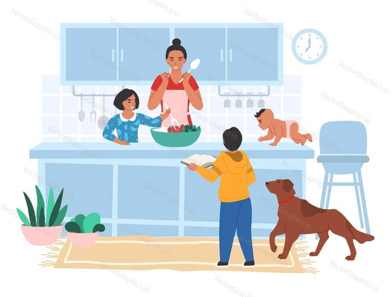 Напряженная усталая мама готовит на кухне со своими детьми, плоская векторная иллюстрация. Родительский стресс, проблемы с воспитанием детей.