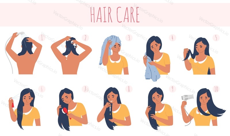 10-шаговая процедура ухода за волосами, плоская векторная иллюстрация. Мытье волос шампунем, вытирание, расчесывание щеткой, нанесение термозащитного средства, сыворотки для придания блеска и сушка феном.
