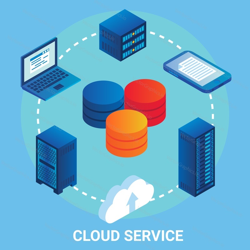 Cloud service flowchart, vector illustration. Isometric laptop computer, mobile phone, server racks. Cloud computing concept.