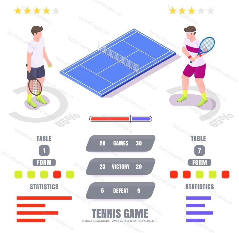 Статистика теннисных матчей, рейтинги игроков, векторная спортивная инфографика, плоская изометрическая иллюстрация. Теннисные столы, спортивные соревнования и результаты матчей.