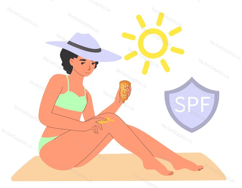 Молодая женщина в купальнике и солнцезащитной шляпе, наносящая солнцезащитный крем, плоская векторная иллюстрация. Солнцезащитный крем, крем для защиты от солнца. Процедура по уходу за кожей на летнем пляже.