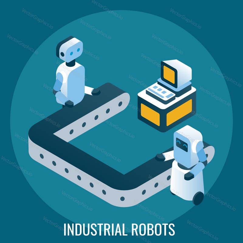 Промышленные роботы, плоская векторная изометрическая иллюстрация. Автоматизированная производственная линия, симпатичные роботы, компьютер. Автоматизация производства и робототехнические технологии.