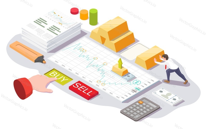 Businessman buying gold ingots, flat vector isometric illustration. Investing in gold concept.