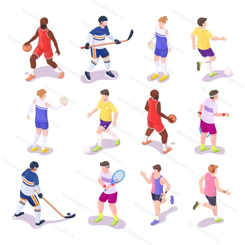 Набор спортивных людей, плоская векторная изолированная иллюстрация. Изометрические баскетболисты, футболисты, волейболисты, хоккеисты, теннисисты и легкоатлеты-бегуны. Профессиональные спортсмены, занимающиеся спортом.