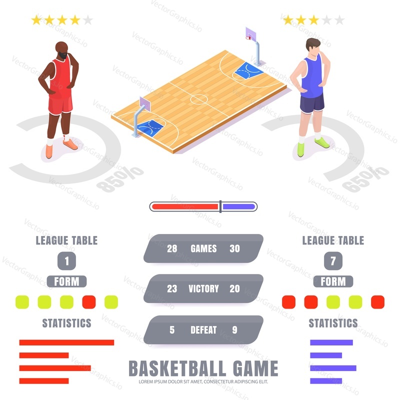 Статистика баскетбольных матчей, рейтинги, векторная спортивная инфографика, плоская изометрическая иллюстрация. Таблицы баскетбольной лиги, спортивные соревнования и результаты матчей.