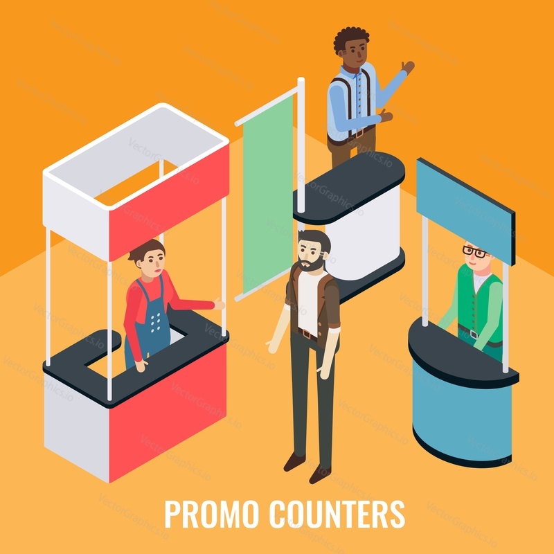 Trade show, fair, exhibition event scene, flat vector isometric illustration. Sales team professionals standing behind promo counters advertising company products to customer. Exhibition booth.