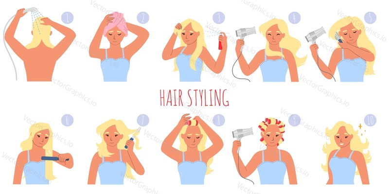 Этапы укладки волос, плоская векторная иллюстрация. Мытье, вытирание полотенцем, нанесение мусса, лака для волос, пены, сушка феном, использование плойки и бигудей. Процедура ухода за волосами.