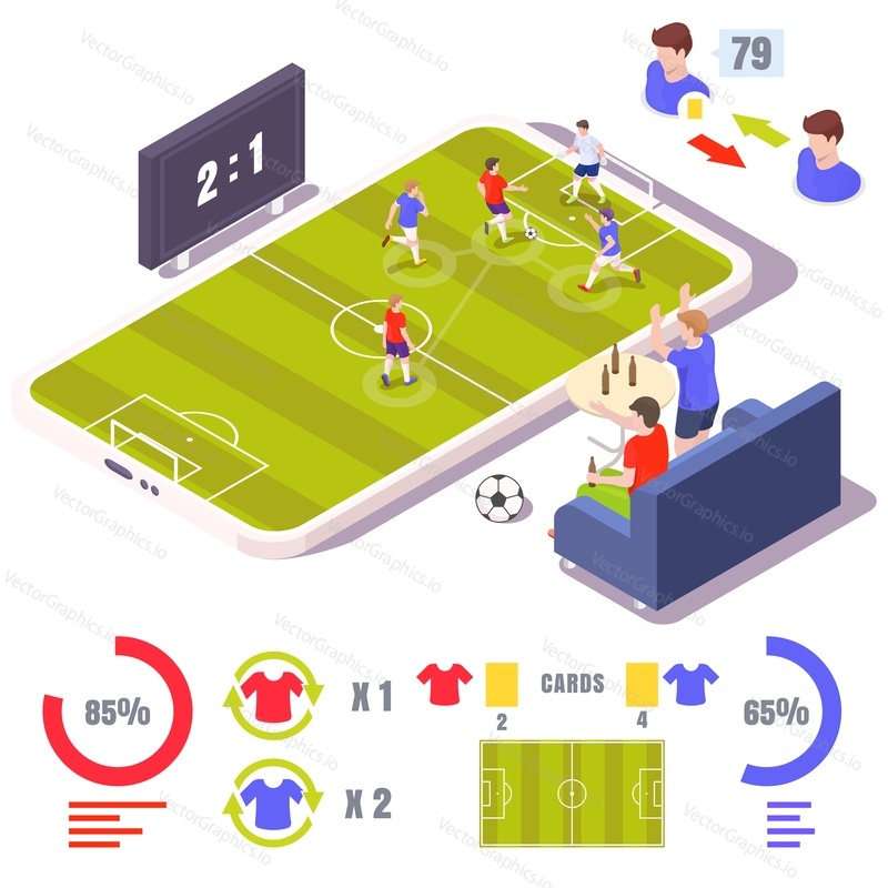 Онлайн-футбольная игра, плоская векторная изометрическая иллюстрация. Смартфон, болельщики, смотрящие футбольный матч онлайн, сидя на диване и попивая пиво, элементы инфографики. Мобильный футбол.