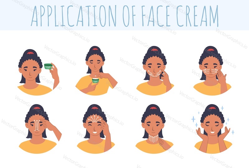 Этапы нанесения крема для лица, плоская векторная иллюстрация. Обычный уход за кожей лица, косметическая процедура.