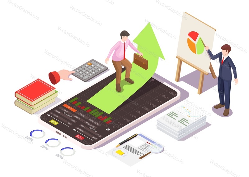 Investing in stocks classes, training, flat vector isometric illustration. Mobile learning. Webinar. Online financial investment, stock trading courses concept.