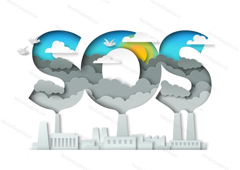 SOS, остановите загрязнение воздуха типографским шаблоном баннера. Векторная иллюстрация в стиле бумажного искусства. Выбросы промышленных предприятий, загрязнение города. Концепция сохранения окружающей среды, планеты, экологии.