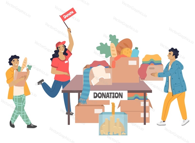 Волонтеры собирают деньги, еду, одежду для бездомных, плоская векторная иллюстрация. Гуманитарная помощь, ящик для пожертвований. Волонтерство, благотворительность, забота о бездомных, раздача еды.