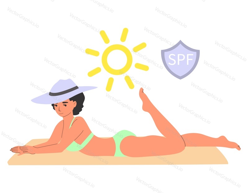 Красивая женщина в купальнике и солнцезащитной шляпе, безопасно загорающая с использованием солнцезащитного крема, плоская векторная иллюстрация. Солнцезащитный крем, крем для защиты от солнца. Процедура по уходу за кожей на летнем пляже.