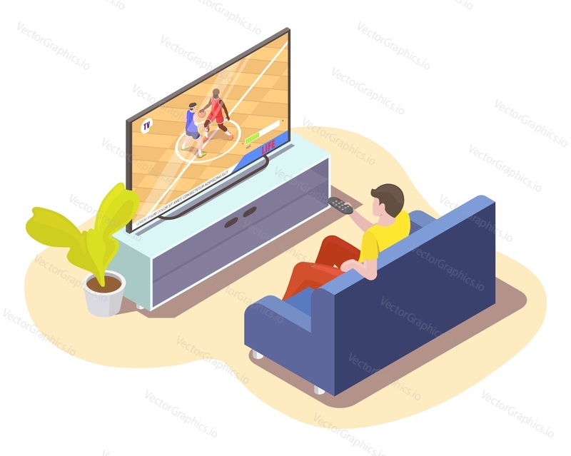 Мужчина смотрит трансляцию баскетбольного матча по телевизору, сидя дома на диване, плоская векторная изометрическая иллюстрация. Баскетбол в прямом эфире на телеканале.