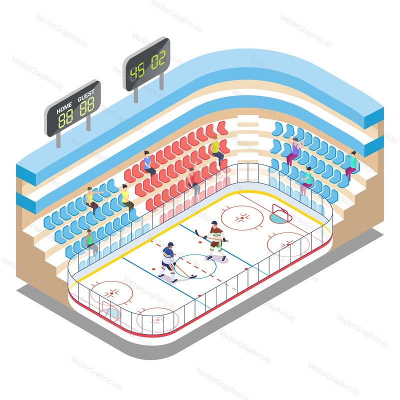 Изометрический хоккейный стадион, игроки и болельщики, плоская векторная иллюстрация. Хоккейная арена, каток, спортивная площадка с трибуной, табло.