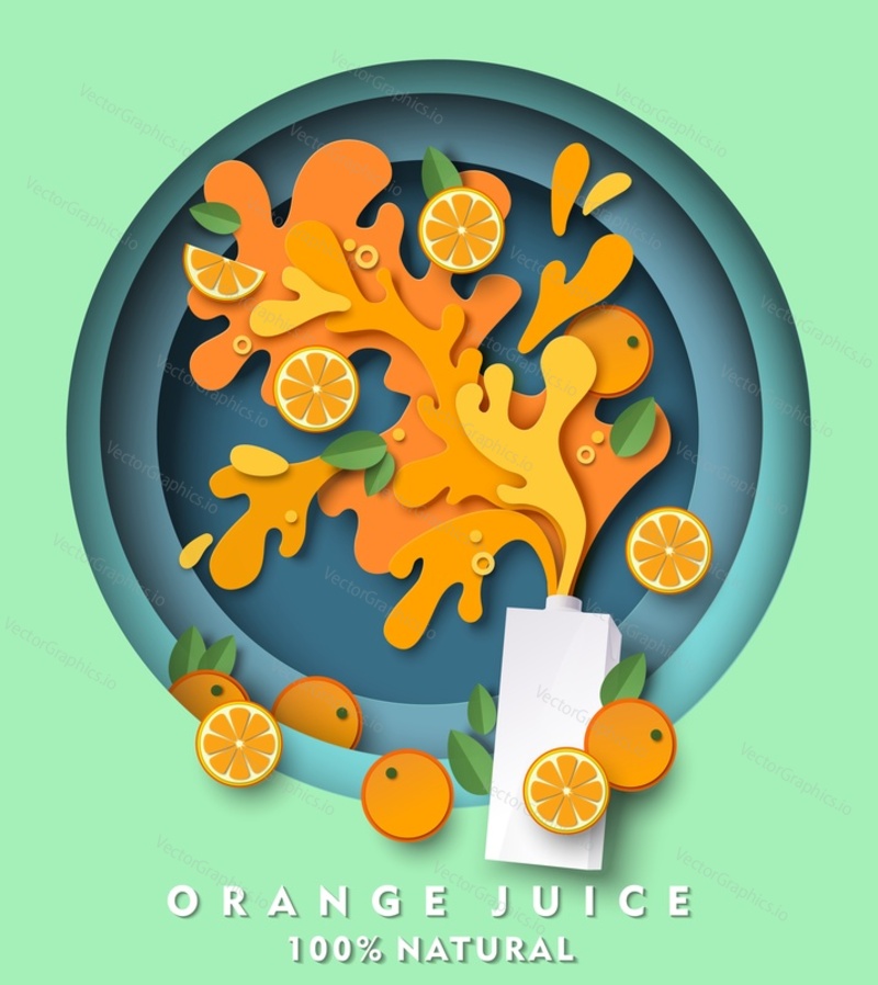 Макет картонной упаковки апельсинового сока, свежие фрукты, брызги и капли жидкости. Векторная иллюстрация в стиле бумажного искусства. Шаблон рекламы натурального цитрусового сока.