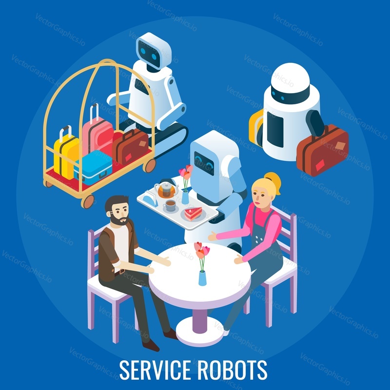 Роботы для обслуживания отелей и ресторанов, плоская векторная изометрическая иллюстрация. Робот-носильщик, несущий багаж, искусственный интеллект-официант, обслуживающий пару, сидящую за столиком в кафе. Искусственный интеллект, роботизированная помощь.