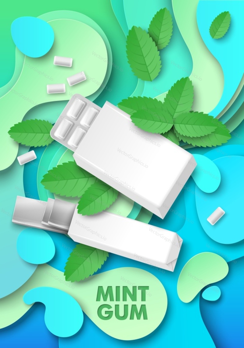 Mint chewing gum ads template, vector illustration. White blank pad and slab bubble gum package mockup, paper cut green mint leaves, falling bubblegums with peppermint flavour.