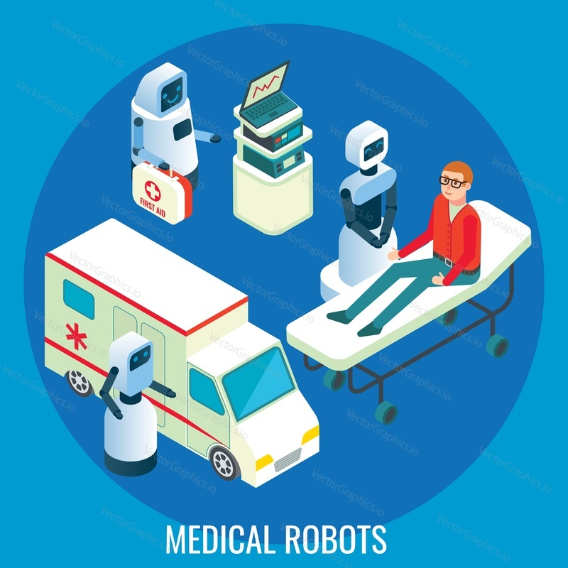 Медицинские роботы, плоская векторная изометрическая иллюстрация. Врачи, медсестры - больничные роботы, оказывающие медицинскую помощь пациентам. Искусственный интеллект в здравоохранении и микстуре.