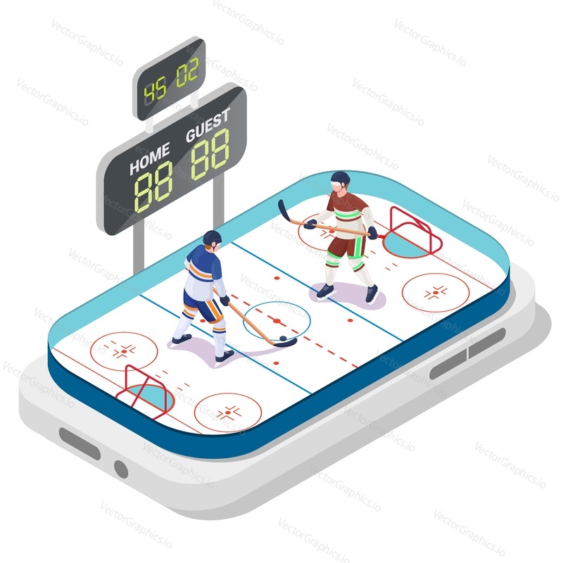 Мобильный хоккей с шайбой, плоская векторная иллюстрация. Изометрическая хоккейная площадка, игроки и табло на экране смартфона. Соревнование по спортивной онлайн-игре.