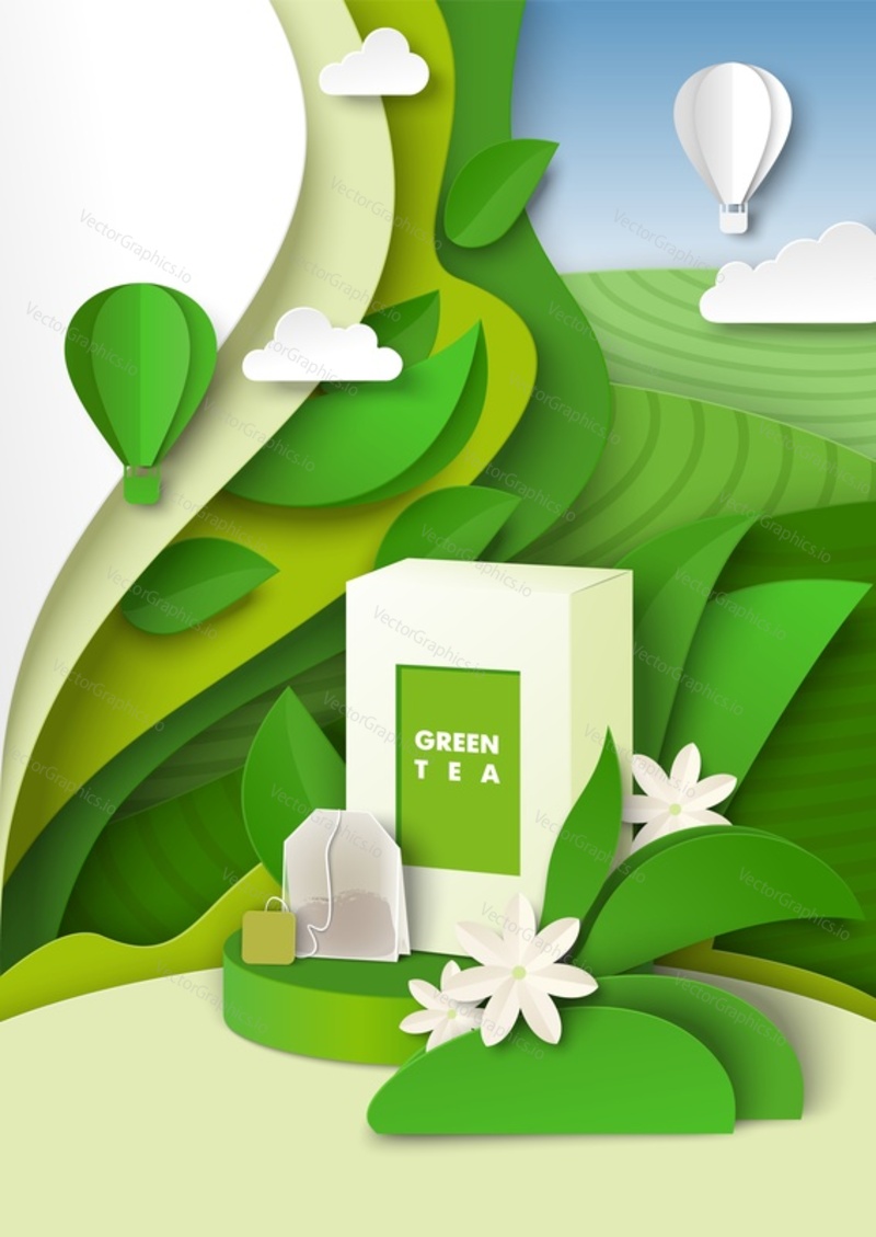 Шаблон рекламы зеленого чая, векторная иллюстрация. Коробка для упаковки травяного чая и макет чайного пакетика, вырезанные из бумаги зеленые листья и плантации.