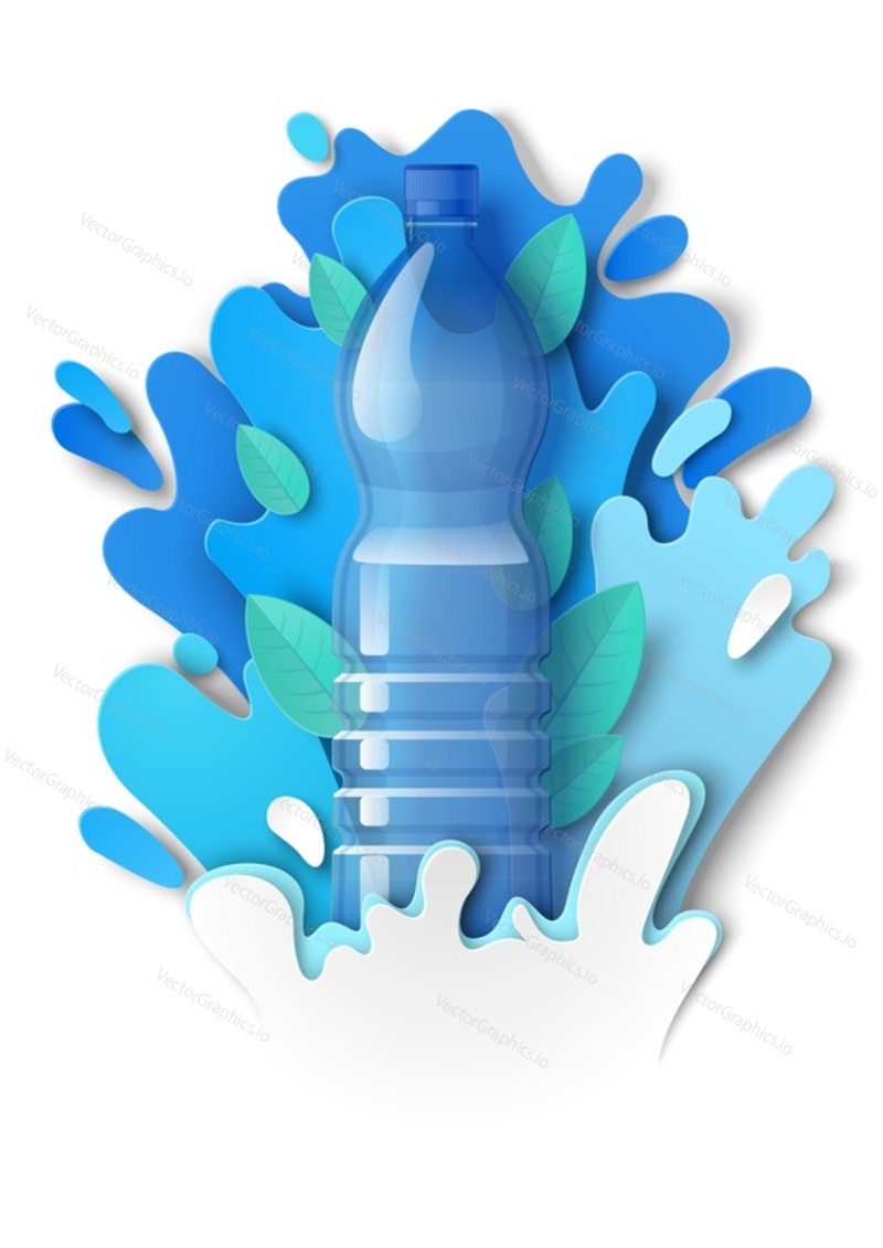 Реалистичная пластиковая бутылка для питья воды, вырезанные из бумаги брызги и капли жидкости, векторная иллюстрация. Шаблон рекламы питьевой минеральной воды.