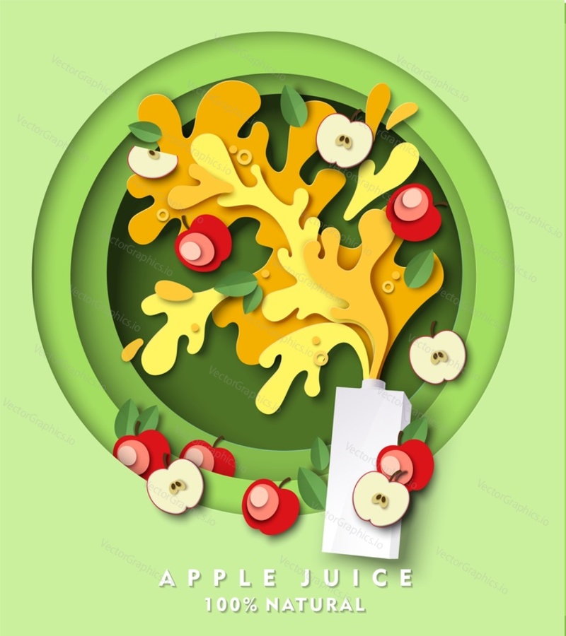 Макет картонной упаковки яблочного сока, свежие фрукты, брызги и капли жидкости. Векторная иллюстрация в стиле бумажного искусства. Шаблон рекламы натурального яблочного сока.