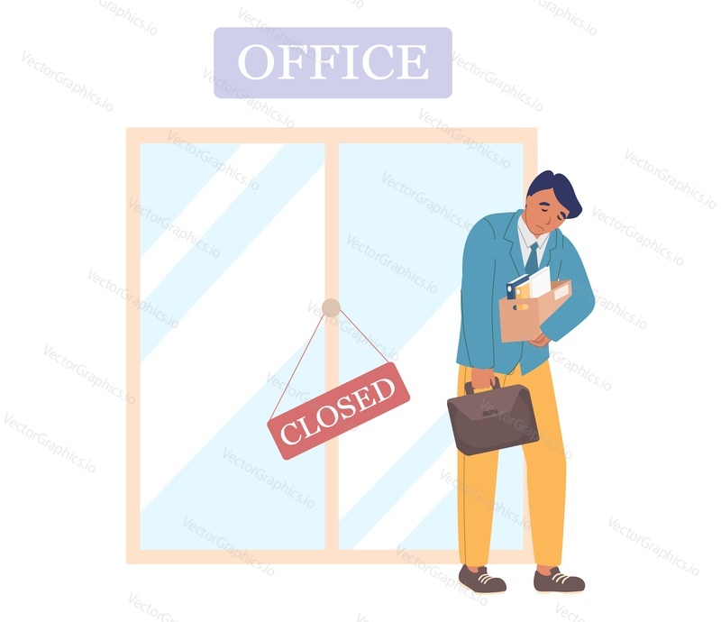 Sad employee leaving closed office, flat vector illustration. Dismissal, job loss, unemployment, staff reduction due to financial problems, closed business, bankruptcy, economic crisis etc.
