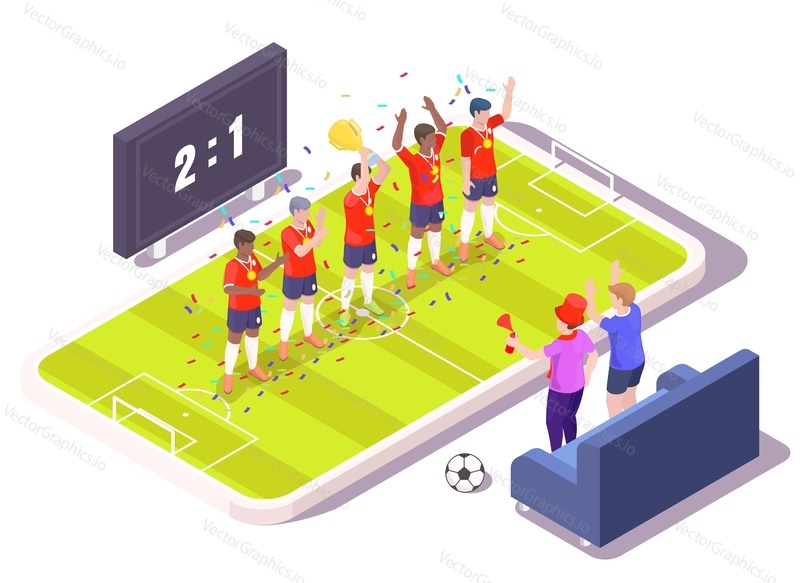 Мобильный футбол, плоская векторная изометрическая иллюстрация. Футбольные фанаты смотрят матч и болеют за любимую команду онлайн. Футбольное поле, команда-победитель с трофеем празднует победу на экране смартфона.