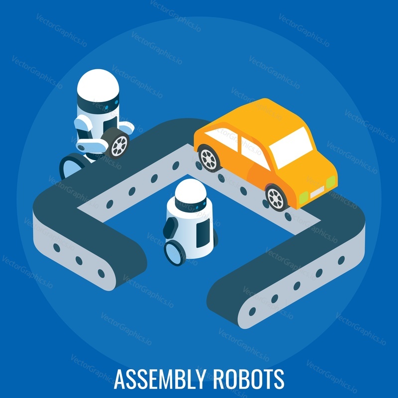 Роботы по сборке автомобилей, плоская векторная изометрическая иллюстрация. Автоматизированная линия автозавода, милые роботы. Автоматизация производства и робототехнические технологии.