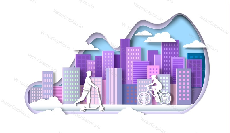 Силуэты современных городских зданий. Молодой человек верхом на электрическом самокате, женщина верхом на велосипеде по улице, векторная иллюстрация в стиле бумажного искусства. Современное транспортное средство, экологичный городской транспорт.