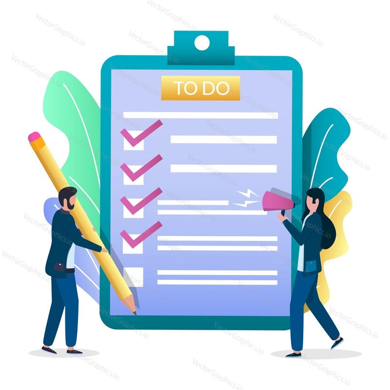 Businessman adding check mark in to do list with tasks on clipboard, flat vector illustration. Task management, planning, scheduling.