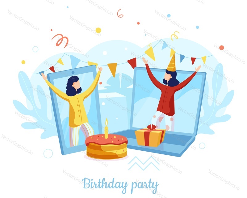 Two girls celebrating birthday party remotely from home using laptop and smartphone, flat vector illustration. Online party, virtual friends meeting. Video call chat app.