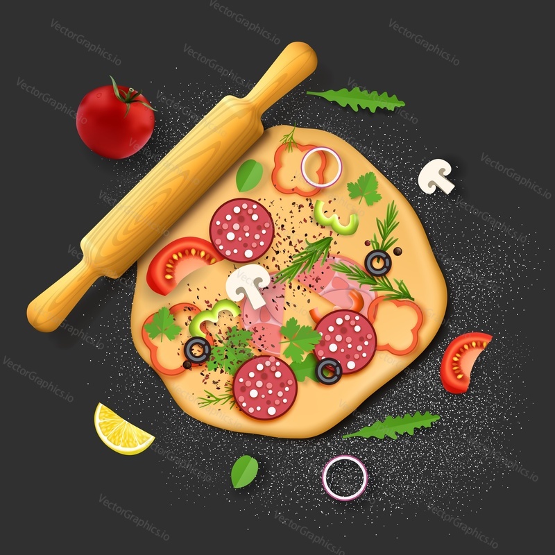Ингредиенты для пиццы. Тесто, салями, грибы, оливки, перец, помидоры, руккола, зелень петрушки и розмарина, векторная иллюстрация вида сверху. Итальянская пицца для пиццерий и ресторанов по меню, книга рецептов.