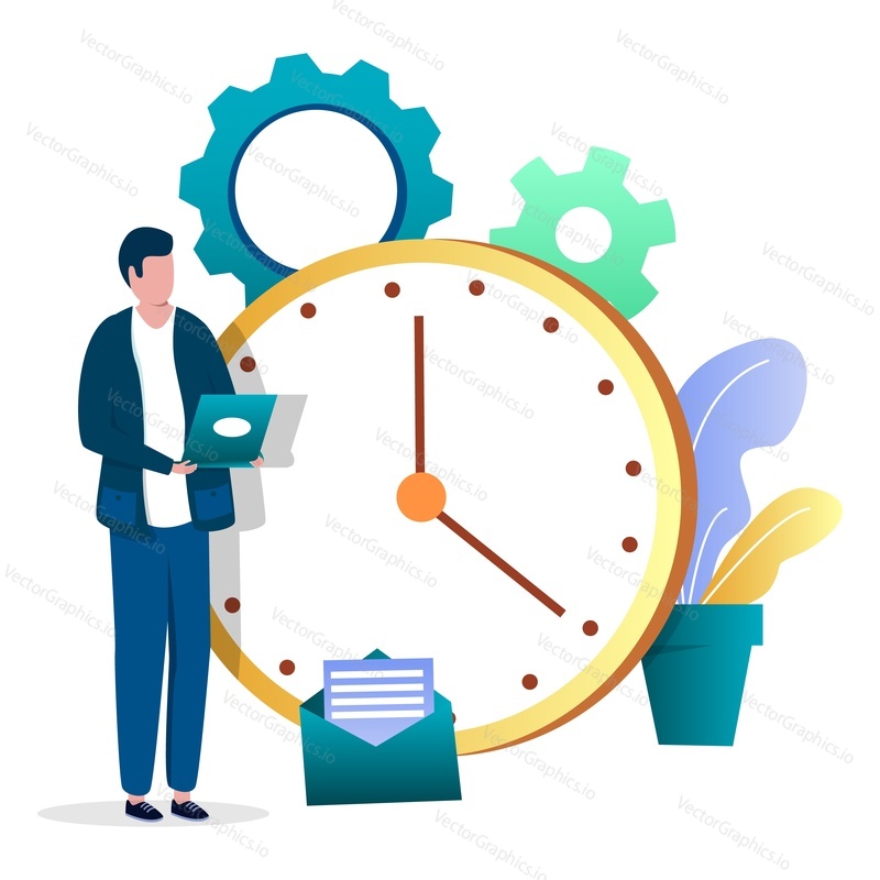 Businessman, employee with laptop standing next to huge clock, flat vector illustration. Online task management, planning schedule, self control.