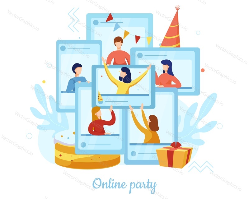 Люди празднуют день рождения, годовщину, праздничное мероприятие удаленно из дома, плоская векторная иллюстрация. Самоизоляция. Онлайн-вечеринка с друзьями, технология видеоконференций.