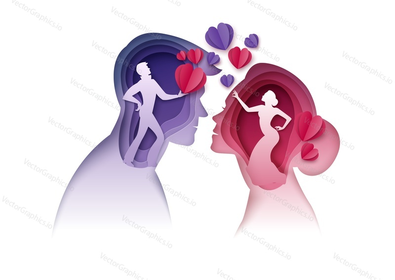 Силуэты молодого мужчины и женщины, смотрящие друг на друга, дарящие сердечки, векторная иллюстрация в стиле бумажного искусства. Влюбленная пара. Романтические отношения.
