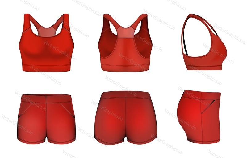 Макет красного женского спортивного бюстгальтера или укороченного топа и шорт, векторная иллюстрация, вид спереди, сзади и сбоку. Мода на спортивную одежду, шаблон тренировочной одежды.