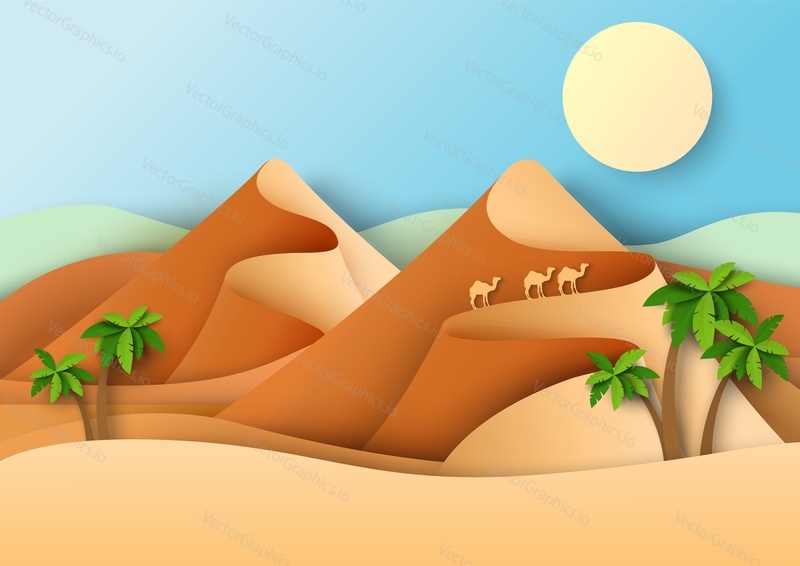 Три верблюда, бродящие по пустыне, векторная иллюстрация в стиле бумажного искусства. Песчаные дюны, пустынный пейзаж.