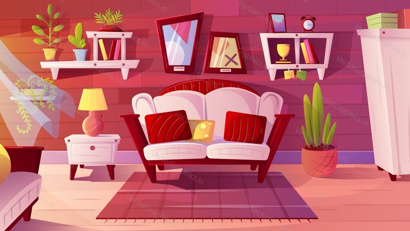 Интерьер гостиной, плоская векторная иллюстрация. Комната в квартире с уютными диванами, ковром, настенными полками, шкафом для одежды, предметами интерьера.