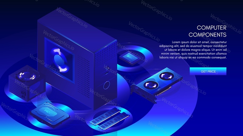 Computer components web banner template. CPU, motherboard, storage device, cooling system, vector isometric illustration. Computer parts needed to build custom desktop PC.