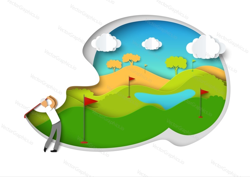 Игра в гольф. Игрок в гольф размахивает клюшкой для гольфа, векторная иллюстрация в стиле бумажного искусства. Мужчина играет в спортивную игру в гольф.