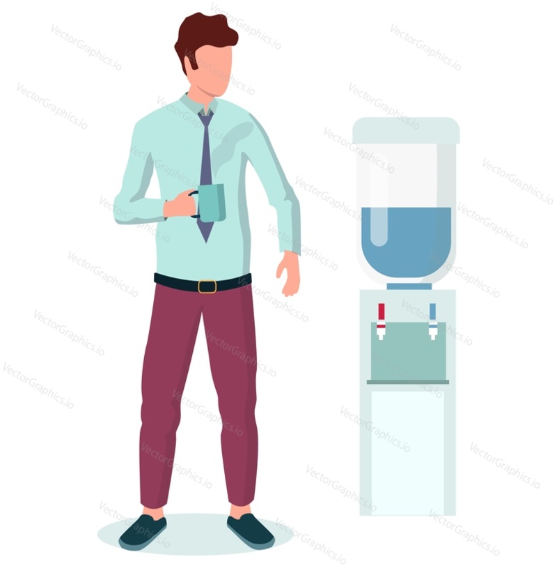 Businessman drinking coffee standing near water cooler in office, flat vector illustration. Coffee break. Tea time. Office lifestyle.