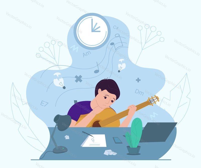 Male musician experiencing creative crisis or block, flat vector illustration. Sad man with guitar sitting at table with clean sheet of paper on it. Creativity crisis, anxiety, fatigue, depression.