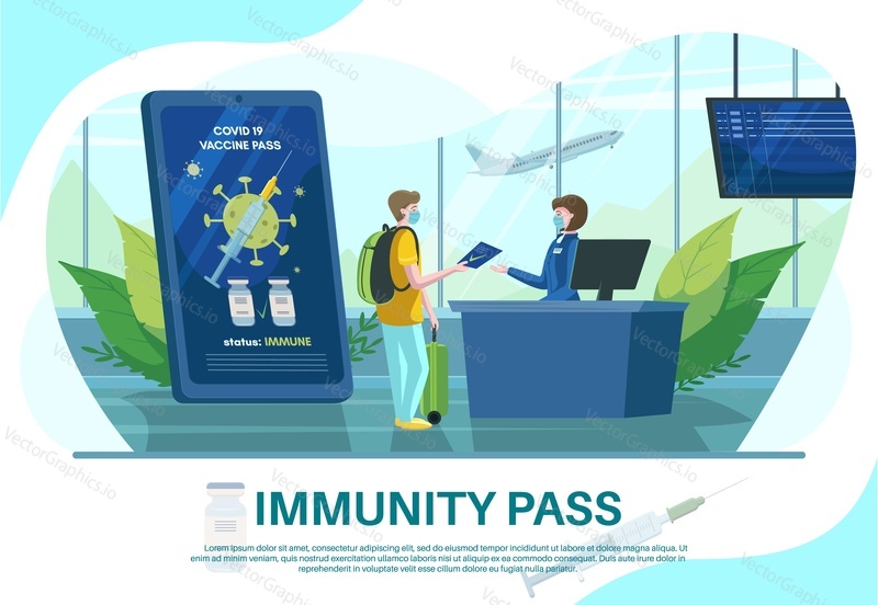 Смартфон с паспортом иммунного здоровья. Путешественник, показывающий паспорт или сертификат о вакцинации на стойке регистрации в аэропорту, плоская векторная иллюстрация. Шаблон оформления плаката Immunity pass.