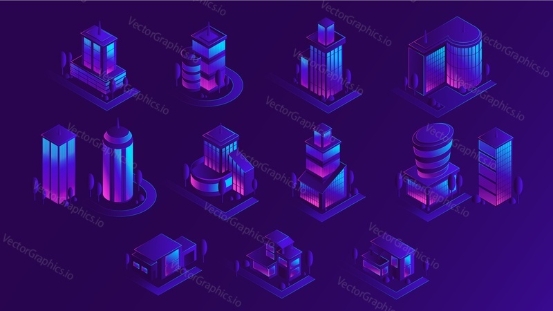 Набор изометрических городских зданий, векторная изолированная иллюстрация. Городская современная архитектура, фиолетовое неоновое освещение.