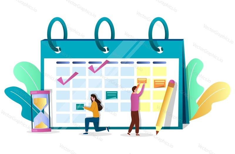Сотрудники деловых людей планируют расписание в календаре, плоская векторная иллюстрация. Тайм-менеджмент. Планирование кампании.