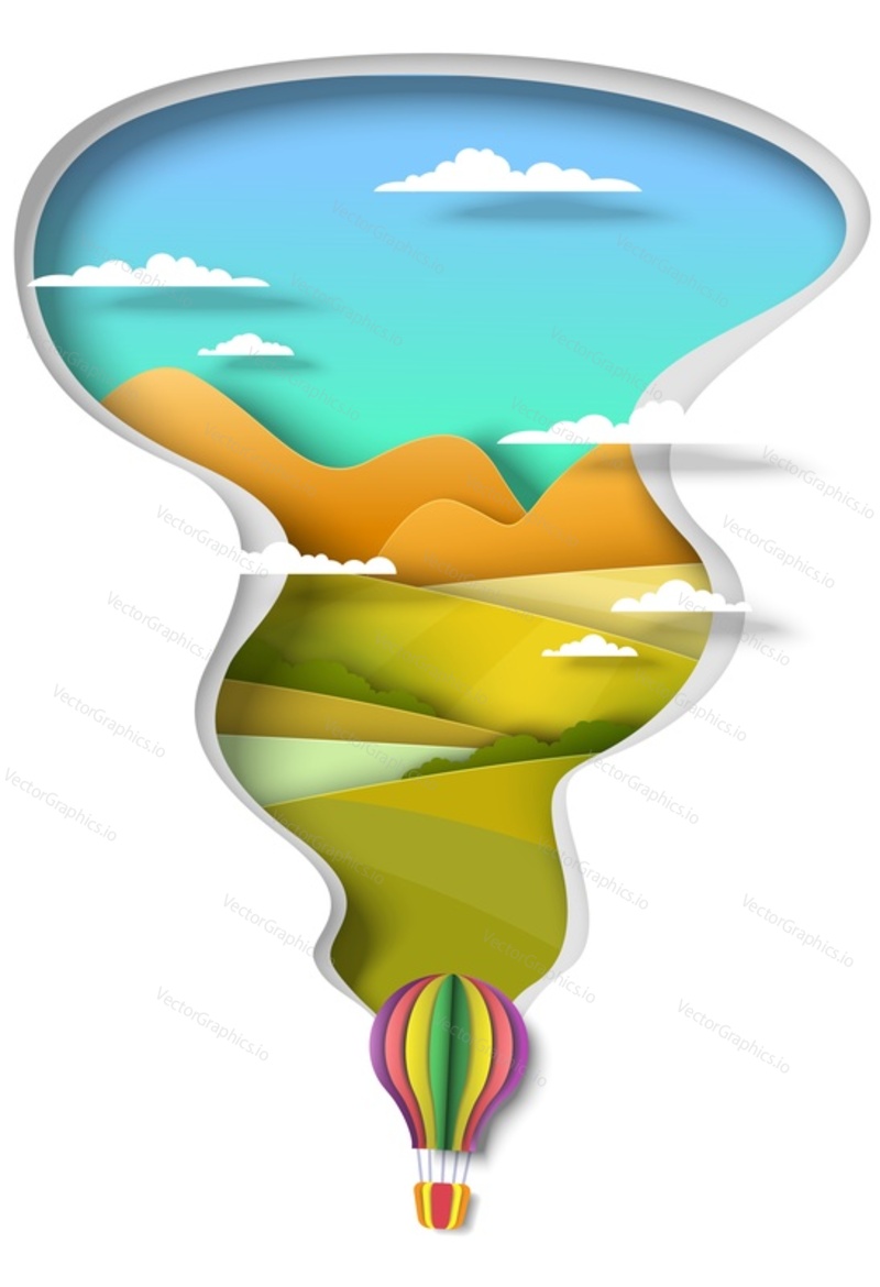 Воздушный шар, летящий над зелеными холмами, рекой, векторная иллюстрация в стиле бумажного искусства. Путешествия, летние каникулы, приключения.