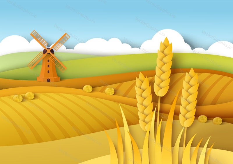 Сельский пейзаж. Пшеничные поля и ветряная мельница, векторная иллюстрация в стиле бумажного искусства. Полевые культуры, земледелие, сельское хозяйство. Сезон сбора урожая.
